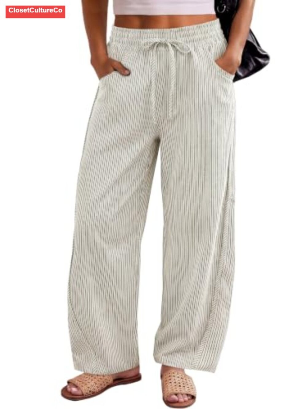 Women's Barrel Leg Striped Wide Leg Trousers Pull On Casual Pants
